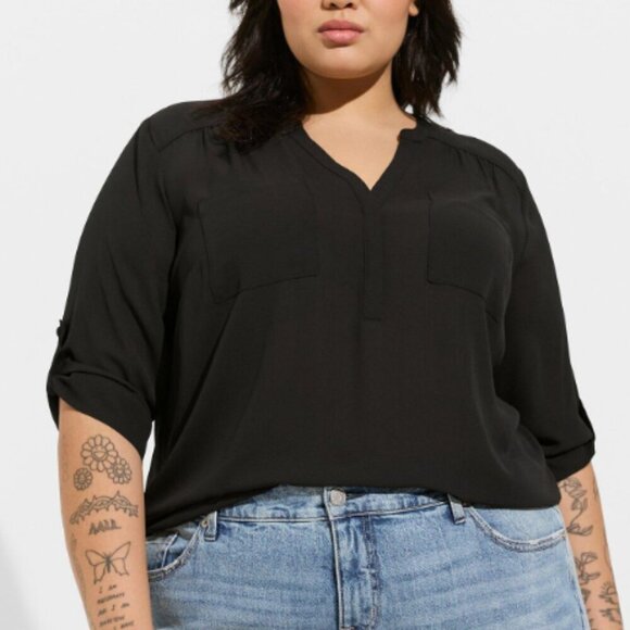 Torrid Harper Georgette Pullover 3/4 Sleeve Blouse, Black - Picture 1 of 7